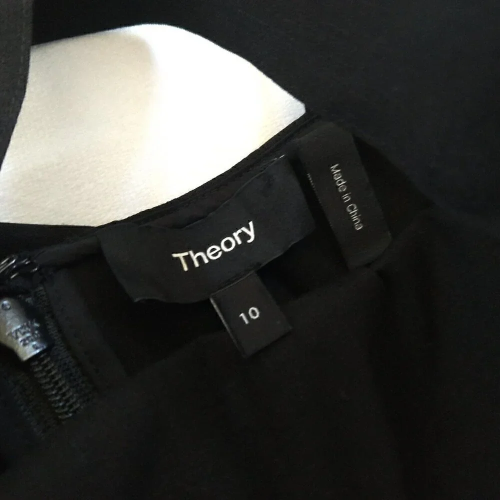 Theory Drape Back Dress Size 10 Black Linen Blend Stretch Sleeveless Fit & Flare